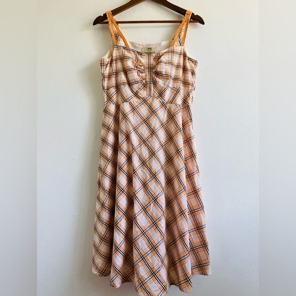 Vasna Plaid Sleeveless Midi dress Orange & White Sundress Retro Feminine Size L